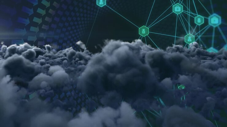 Merging clouds with digital network in abstract animation technology concept