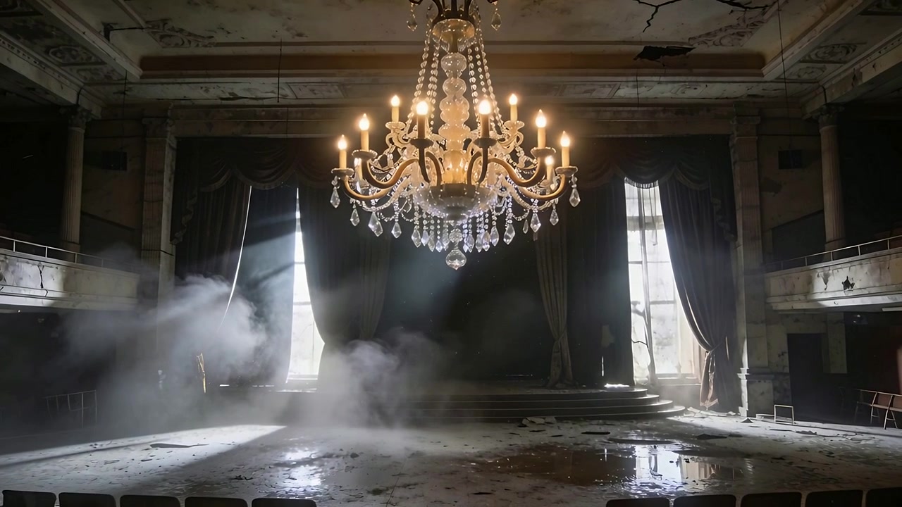 Candelabro resplandeciente bañando un salón abandonado con luz diurna, cortinas rasgadas liberando una columna de polvo a la deriva.
