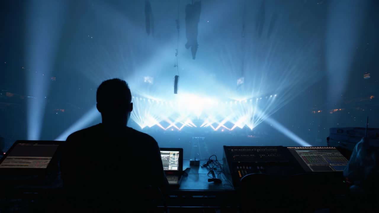 A Stage Manager Overseeing a Dazzling Light Show from Behind the Mixing Console, Capturing the Energy and Excitement of a Captivating Live Performance in an Expansive Venue