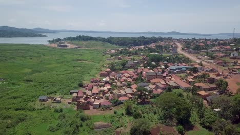 suburban neighbourhood of kaazi on the banks of lake victoria, kampala, uganda. aerial drone shot