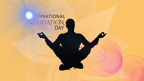 animación del texto del día de meditación banner y silueta del hombre en postura de yoga sobre un fondo floral