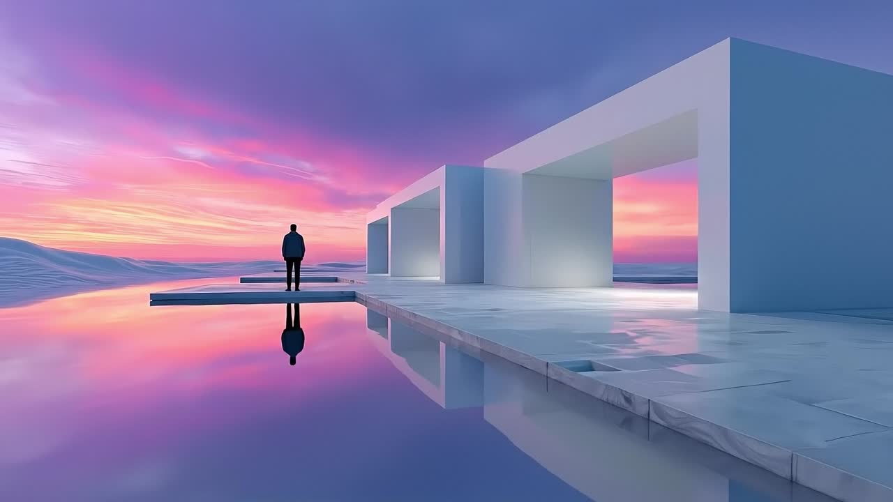 A person standing in front of a white building with a pink and purple sunset