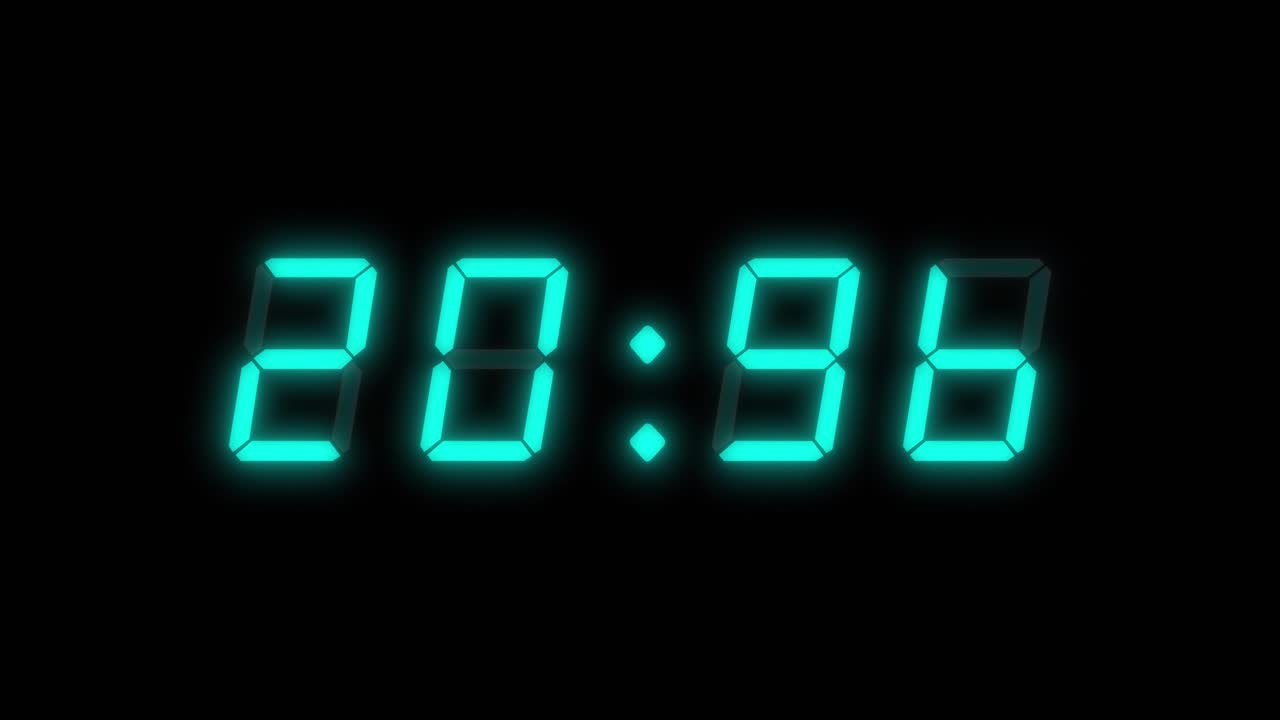 4-digits 30 seconds digital clock countdown timer. Cyan digits on black background. Retro digital alarm clock