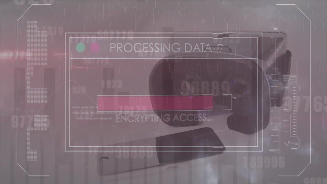 Animation of interface with data processing against smartphone and vr headset on office desk