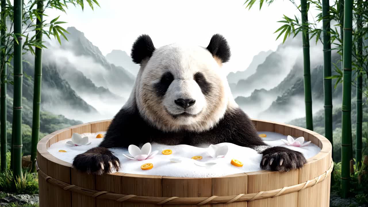 Panda Relaxing in a Bamboo Bath