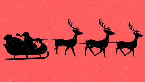 snow falling over silhouette of santa claus in sleigh being pulled by reindeers on orange background