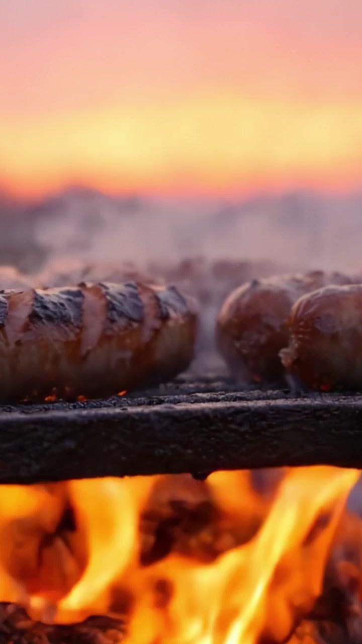 Salsicce sfrigolanti su una griglia contro un cielo mozzafiato al tramonto, catturando l'aroma e il sapore della cucina all'aperto in un'atmosfera serale invitante.