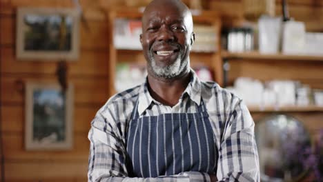 portrait of happy senior african american male shopkeeper at health food shop, slow motion