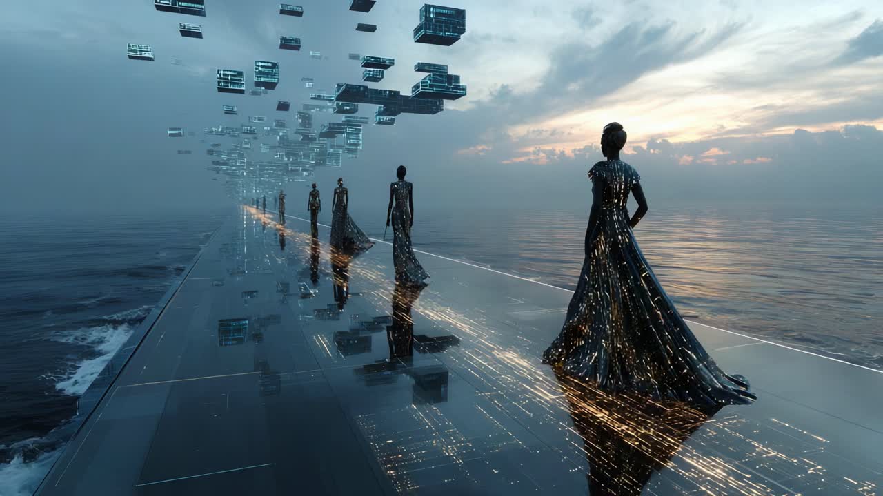 Futuristic Women on a Pathway over the Ocean at Sunset