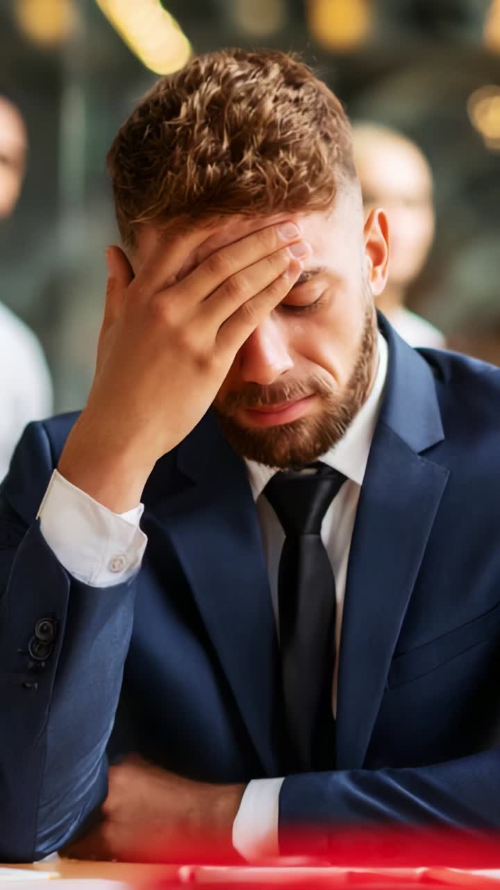 A Distressed Man in a Suit, Overwhelmed by Emotion, Depicts the Struggles of Facing Challenges in a Professional Environment, Captured in Two Frames