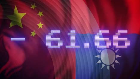 digital number animation over chinese and taiwanese flags