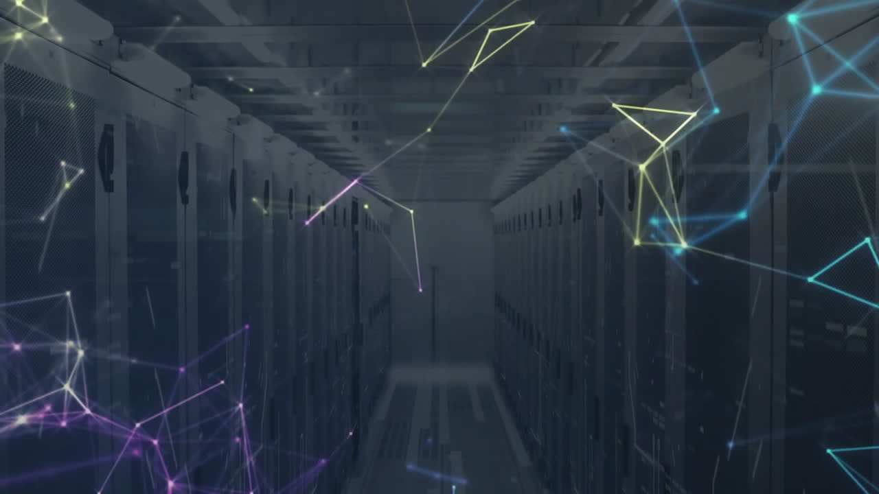 Digital network connections animation over rows of servers in data center