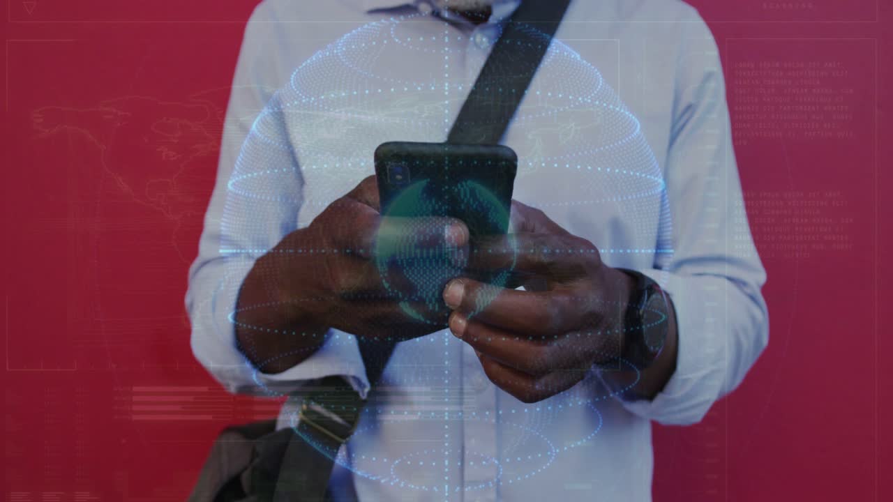 Vertical video: Noticing holographic globe, man in blue shirt tapping phone at red wall, bag strap