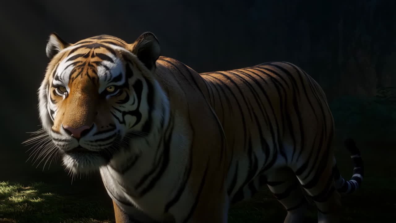 A majestic tiger looking directly at the viewer in a forest setting