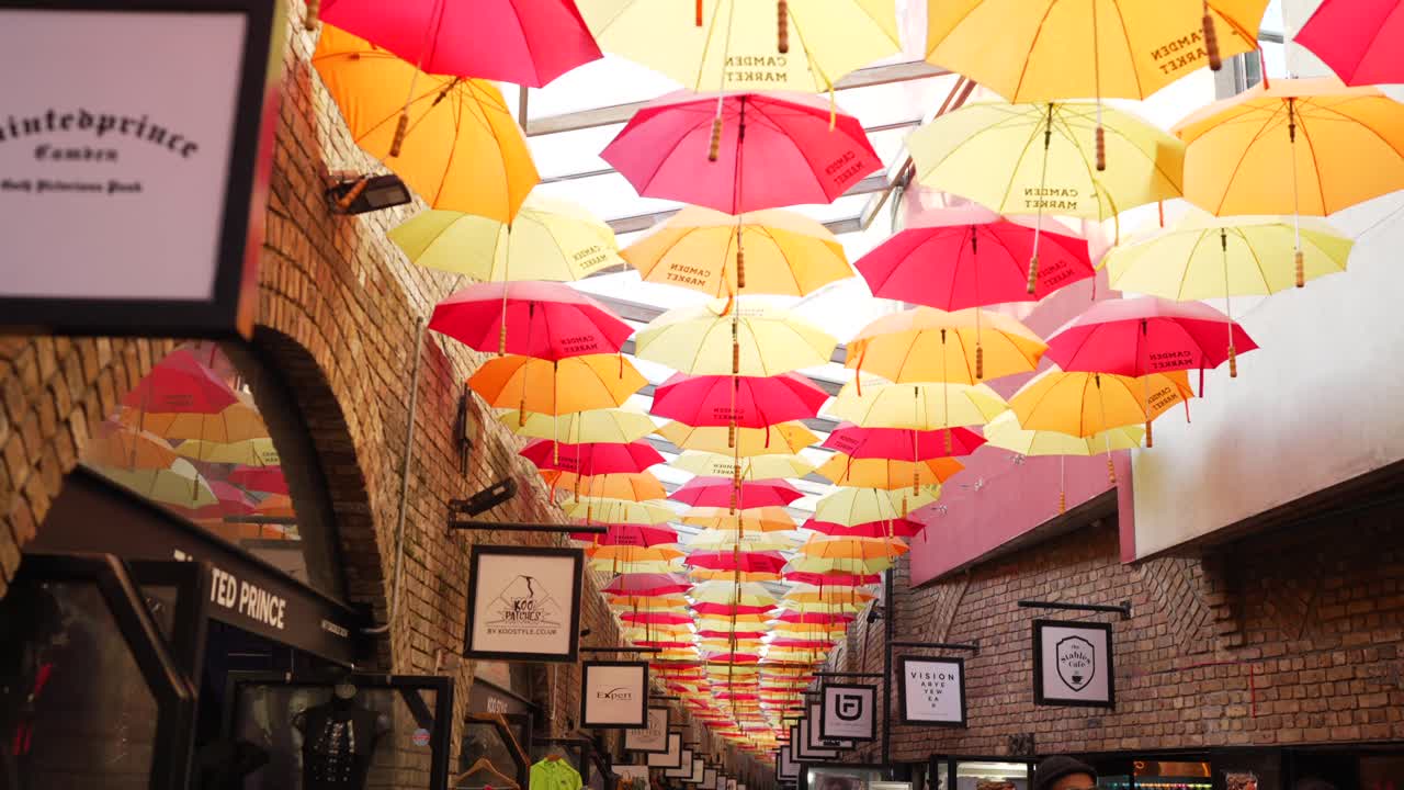 Colorful Umbrellas Hanging Over Camden Market Alleyway