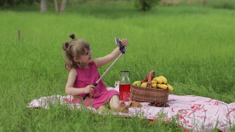 weekend at picnic. girl on grass meadow makes selfie on mobile phone with selfie stick. video call