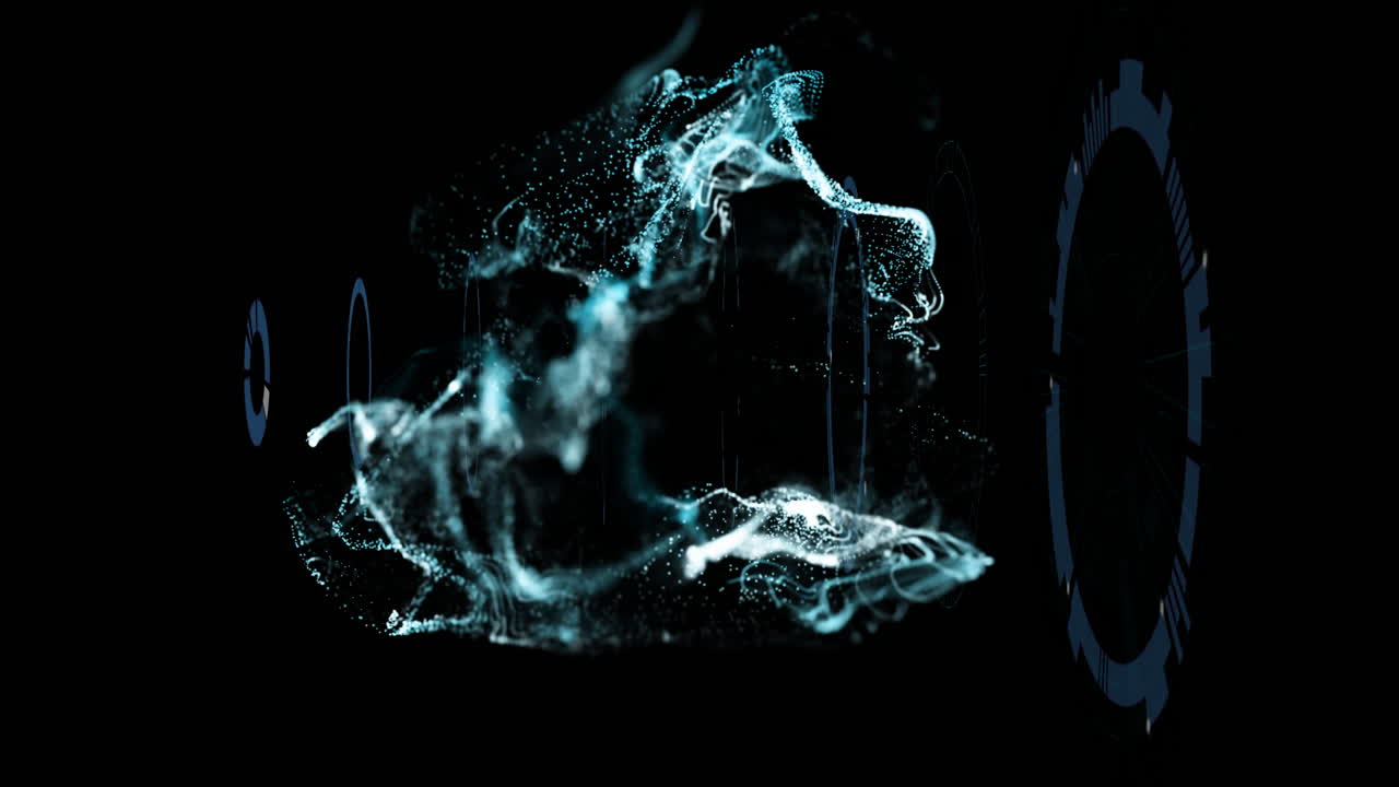 Animation of digital particles forming dynamic shape on black background