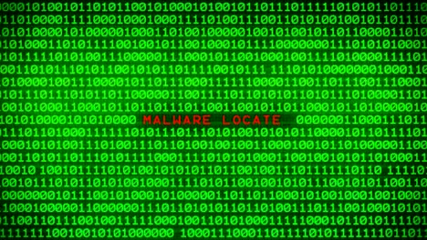 malware located word revealing on wall of green binary code  between random binary data matrix background