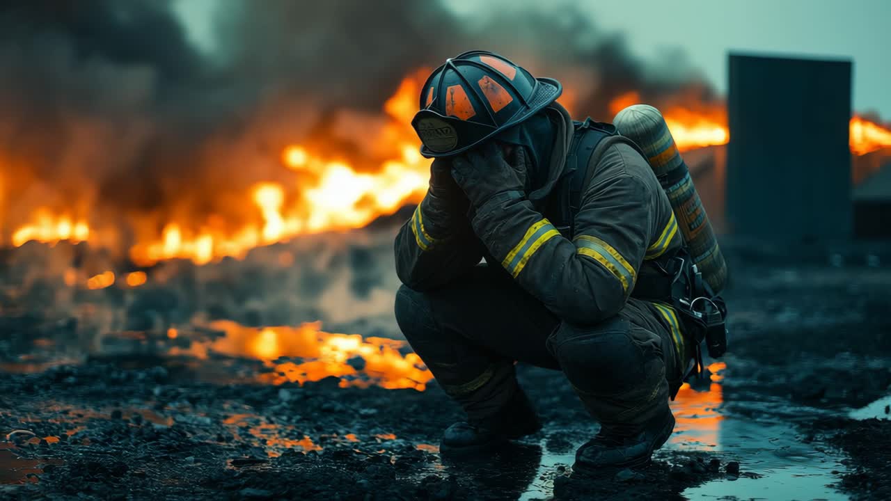 Firefighter resting after fight. A firefighter sits on the ground, exhausted, amid smoke and flames after a challenging fire response.