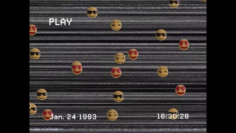 Digitale-Animation-Des-VHS-Glitch-Effekts-über-Mehreren-Gesichts-Emojis-Gegen-Den-Statischen-TV-Effekt