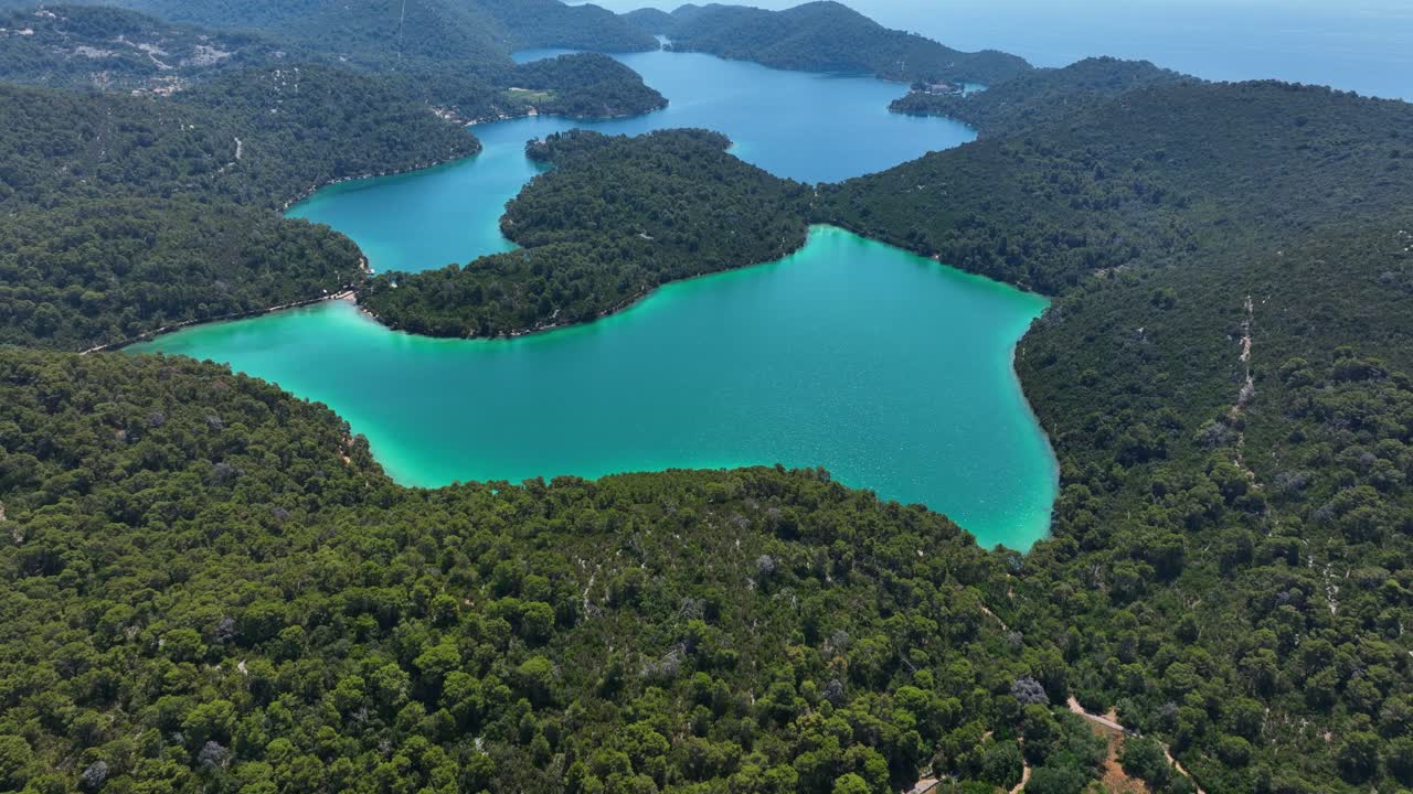 Panoramic of two saltwater lakes on the green island of Mljet Croatia, Aerial