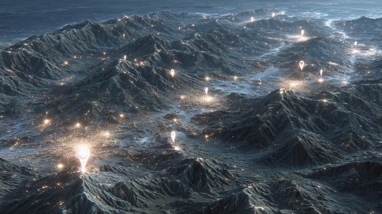 Aerial View of Illuminated Mountainous Landscape with Dynamic Geolocations Indicated by Proximity Markers, Capturing the Intersection of Nature and Technology