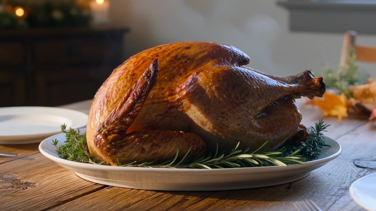 Cámara alejándose revelando un pavo asado en una bandeja blanca sobre una mesa de madera, mostrando hierbas y luces.
