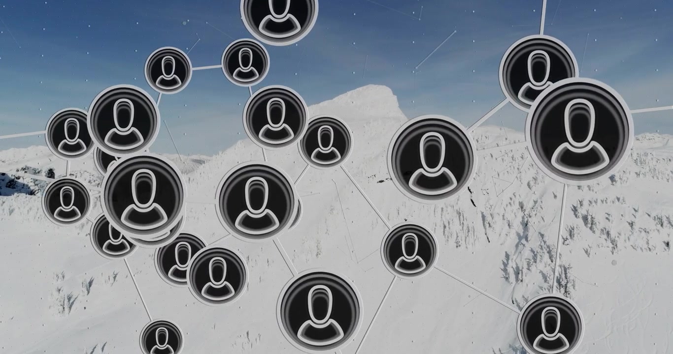 Avatar nodes shifting with timeline, forming digital network, showing links and revealing ridge
