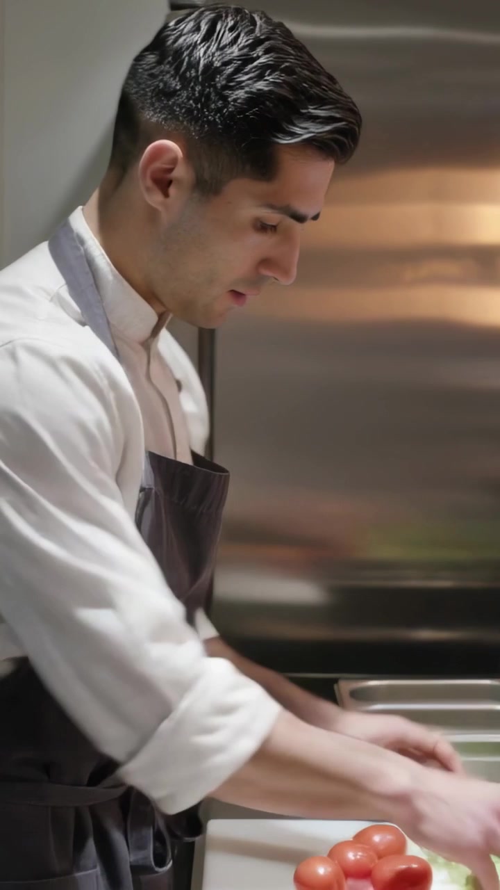 Video verticale: Chef con grembiule che controlla un tablet e prende la lattuga al bancone di preparazione per un ordine, con spazio per il testo.
