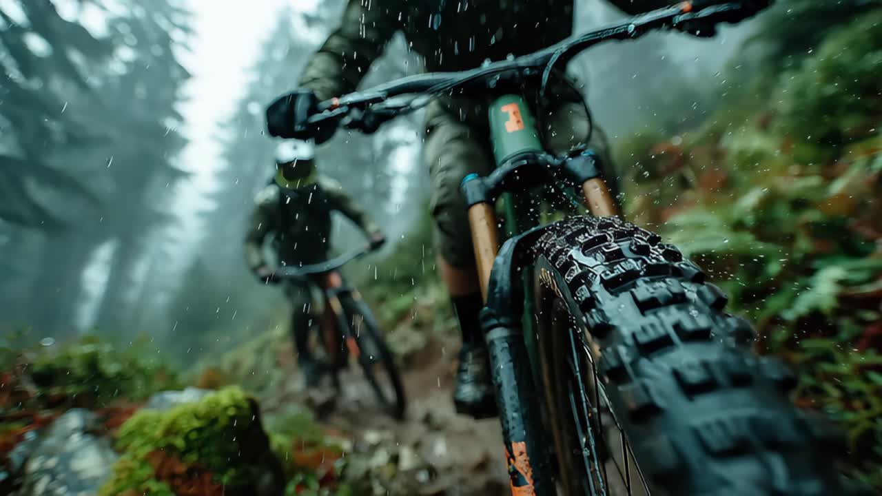 Mountain bikers riding through misty forest on rainy day