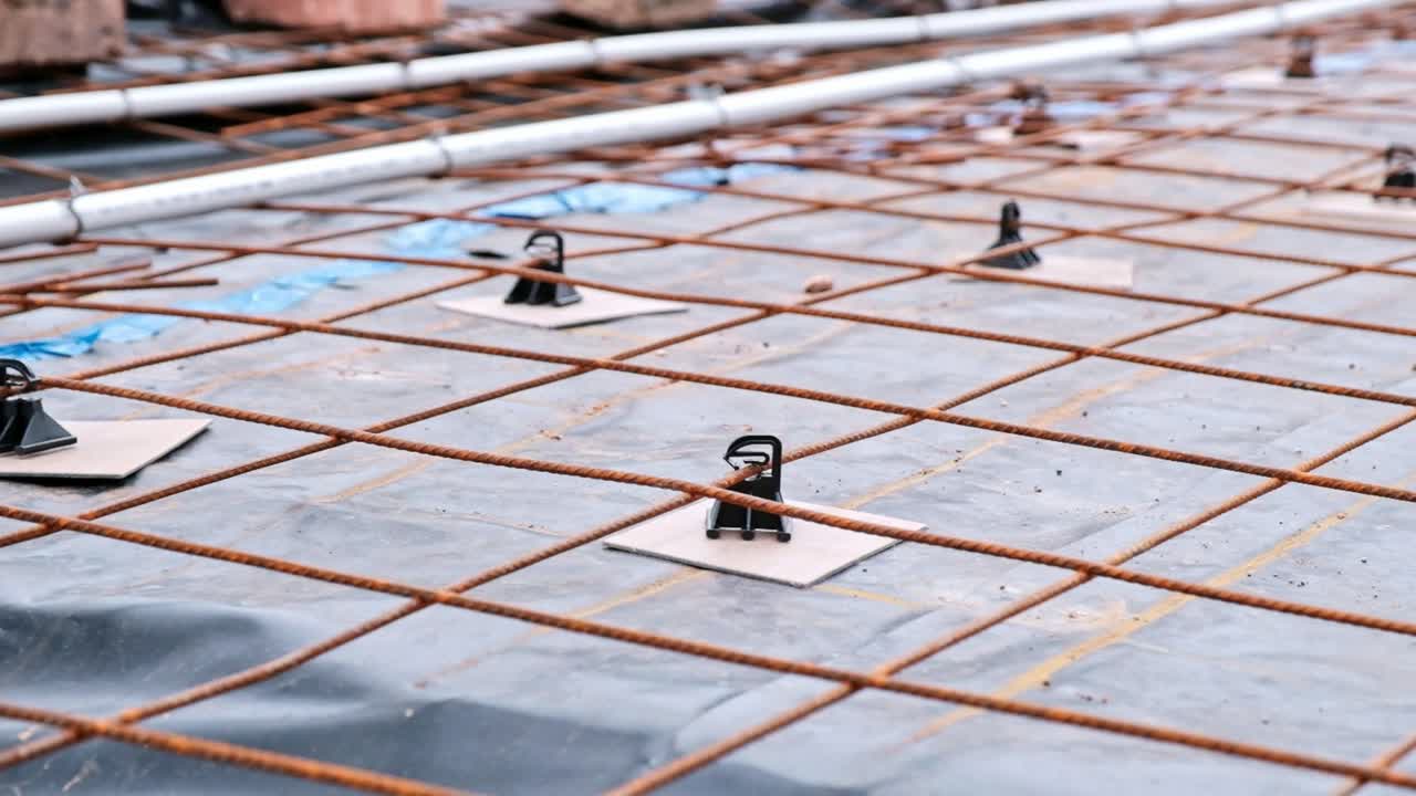 Plastic spacers separate a steel grid from damp proof plastic protection on the floor of a new house