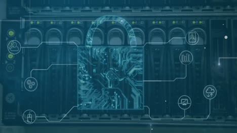 Security-padlock-icons-and-microprocessor-connections-against-close-up-of-computer-server