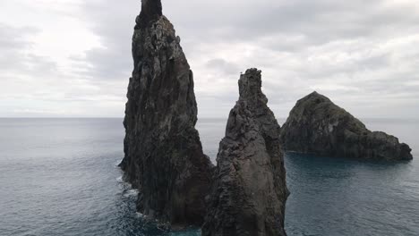 Aerial-view-of-Islets-of-Ribeira-da-Janela,-an-impressive-rock-formations-that-mark-the-seascape