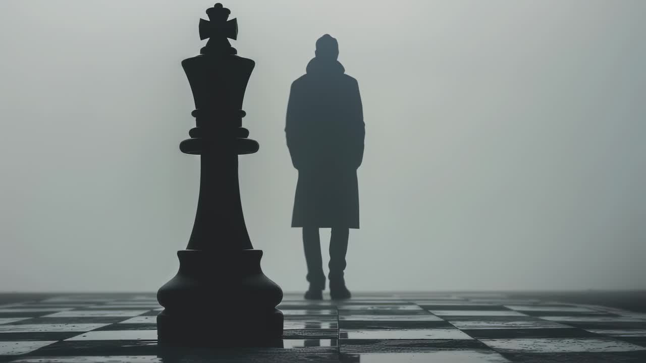 Chess King and Silhouette Figure on a Chessboard