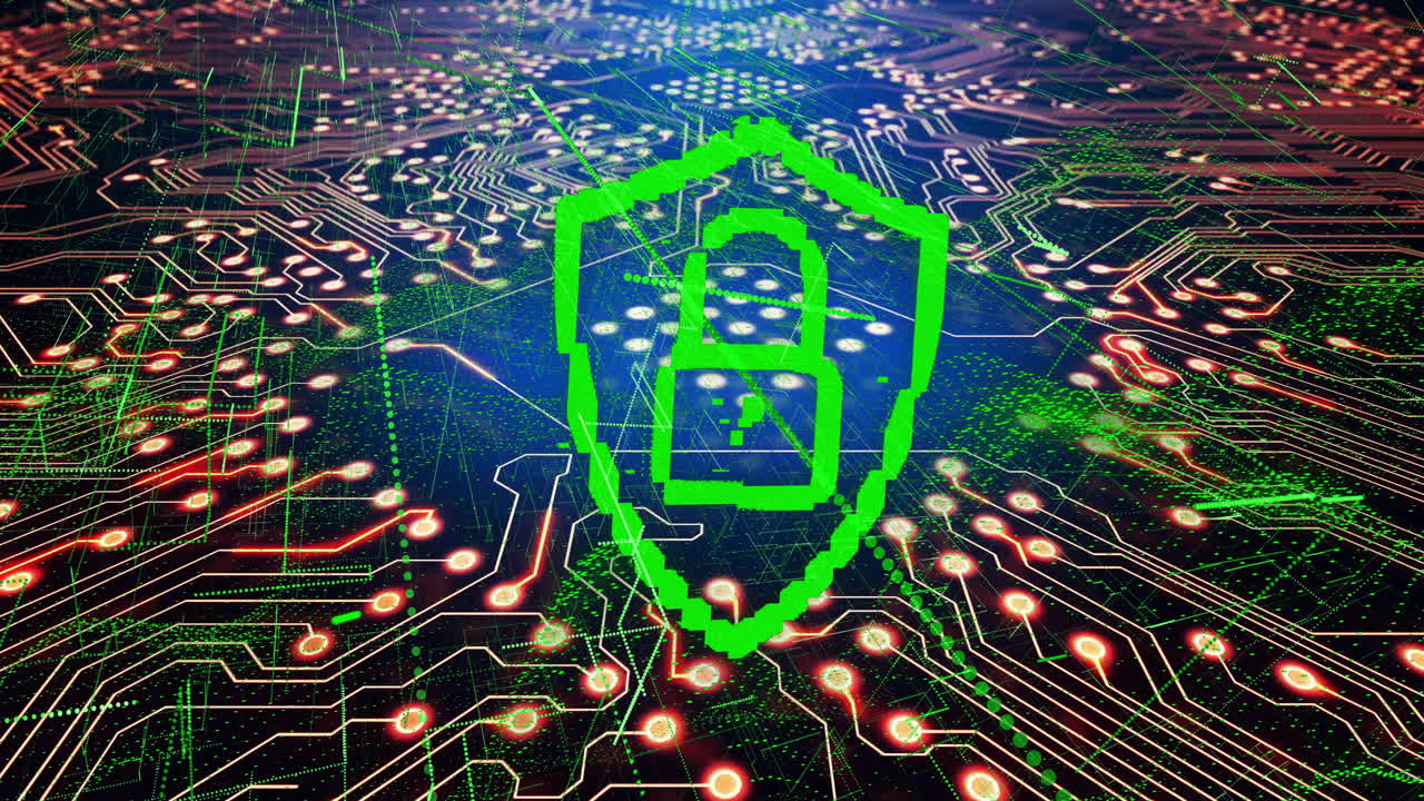 animación de bloqueo y escudo verde sobre el fondo de la placa de circuitos