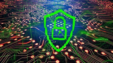green lock and shield animation over circuit board background