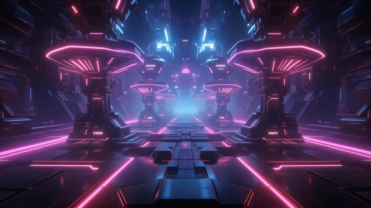 Corridoio fantascientifico futuristico con luci al neon luminose e strutture meccaniche