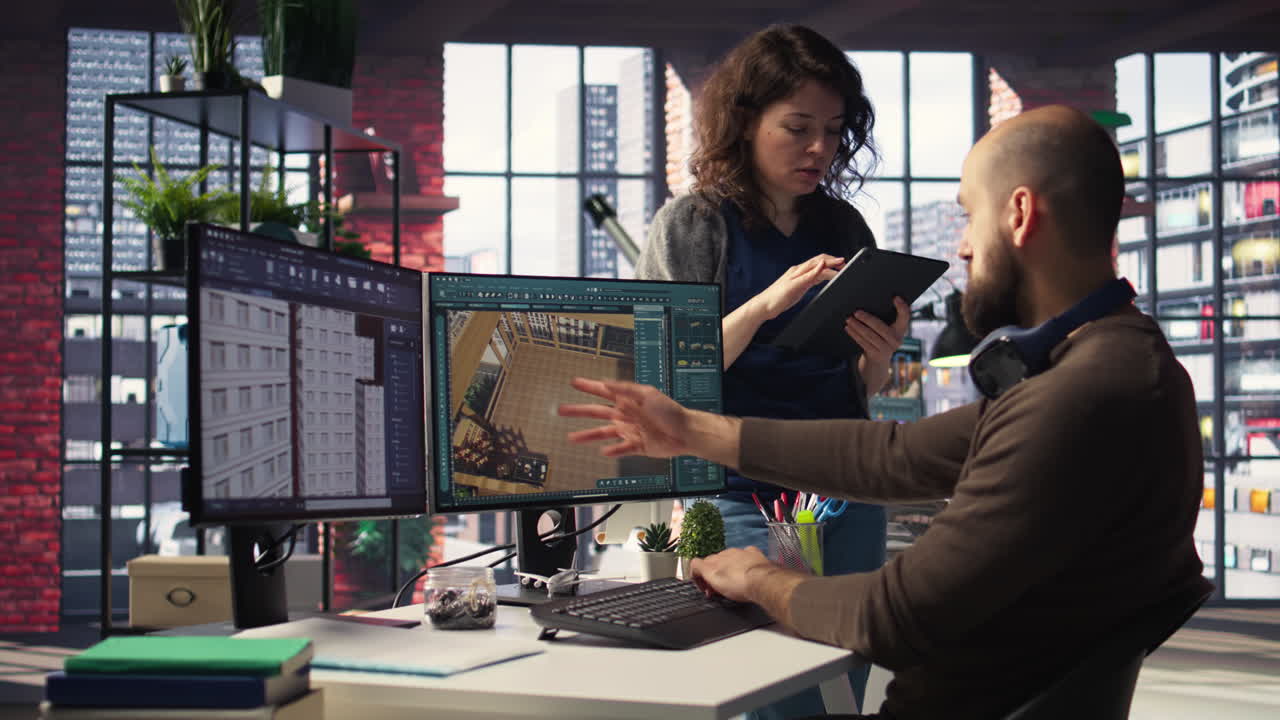 Architectural design team configures a floor plan on dual monitors