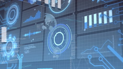 diagramas y gráficos de datos digitales animación sobre fondo de cuadrícula azul