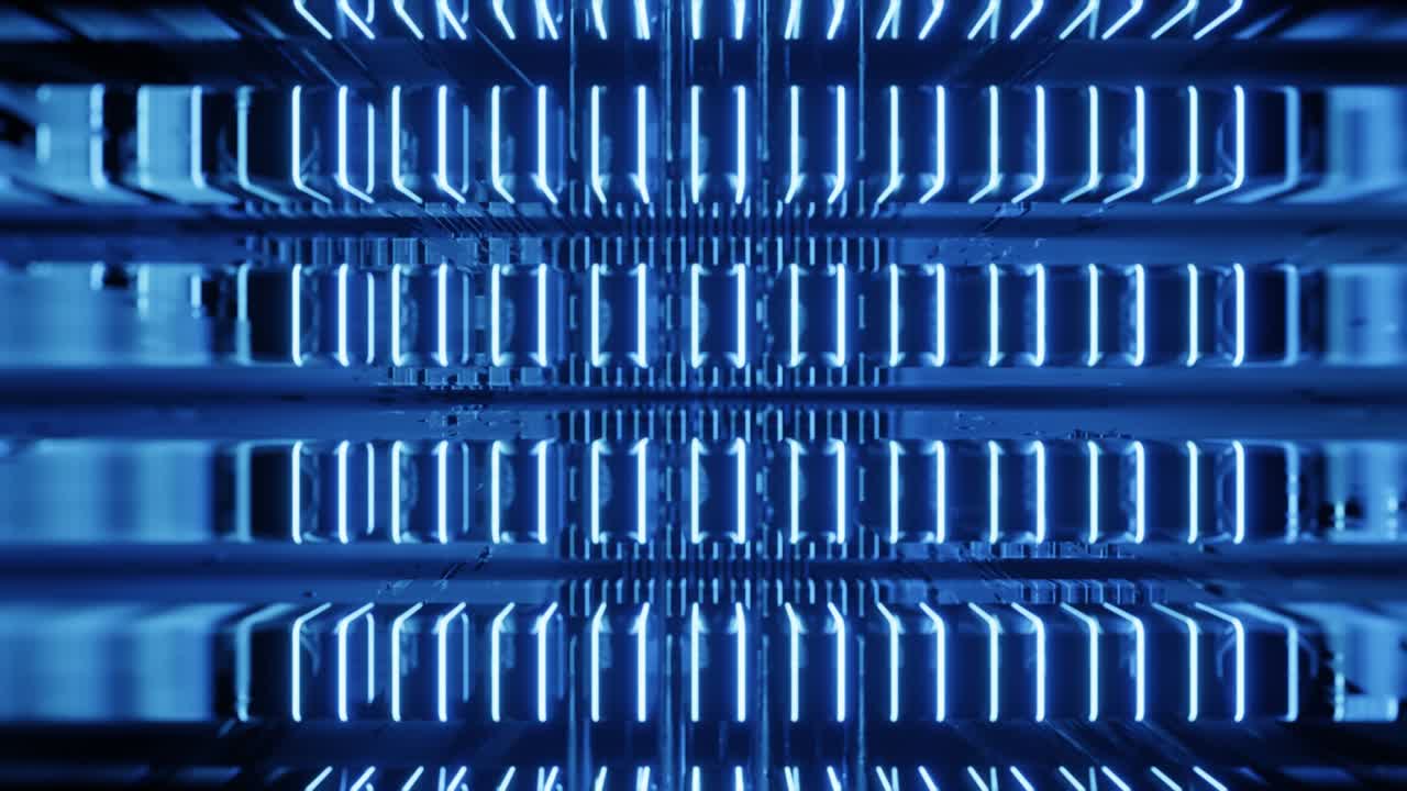 Fly through mirror designs form tunnel technology cyberspace with neon glow. Sci-fi flight through design complexity. Neon light. 3d looped seamless 4k bright background.