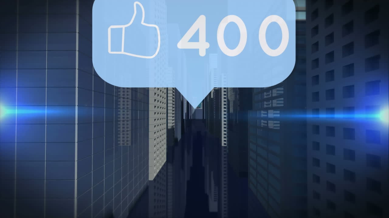 Icona "Mi piace" con numeri crescenti su un fumetto su sfondo di scie di luce blu su un modello 3D di città