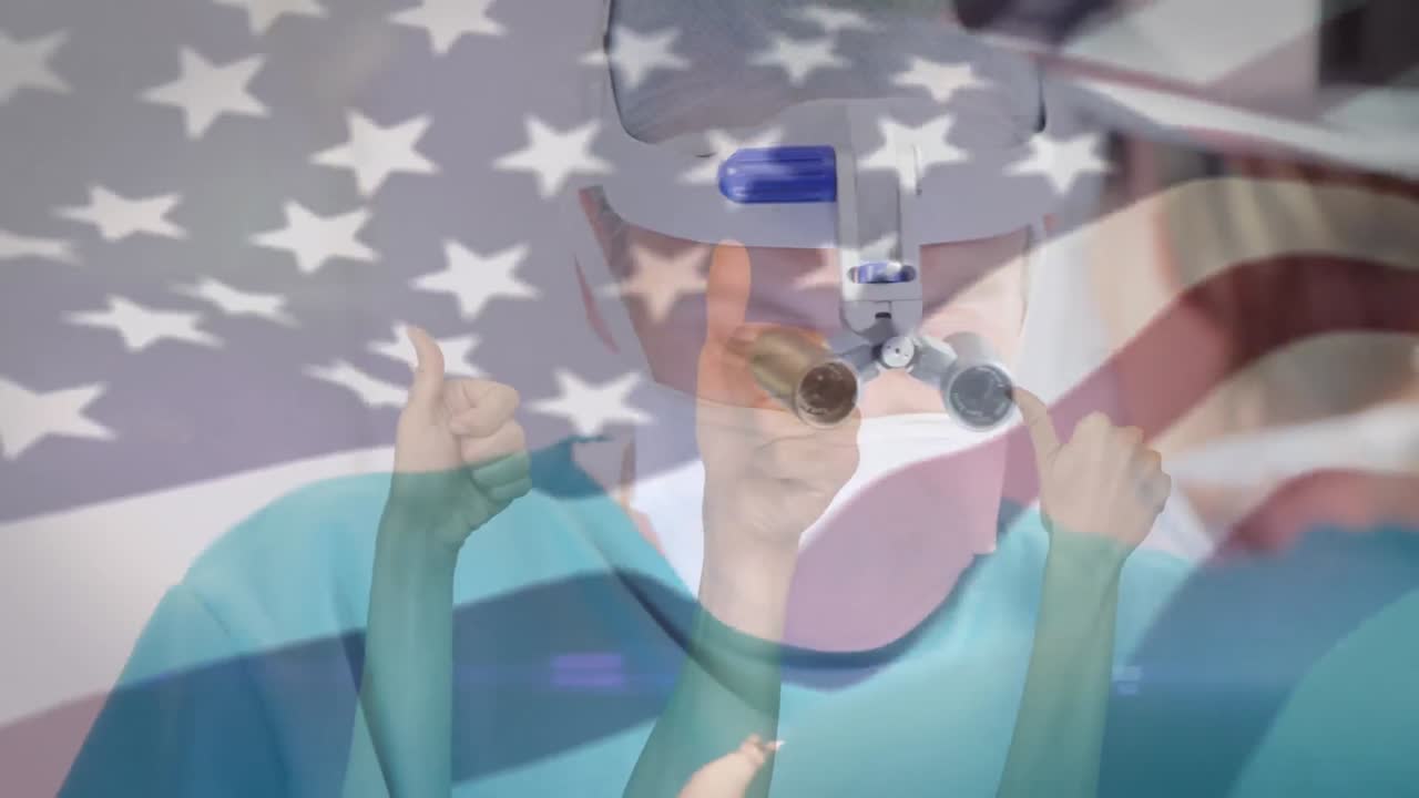 얼굴 마스크를 쓴 외과 의사 들 위 에 흔들리는 미국 국기 의 애니메이션