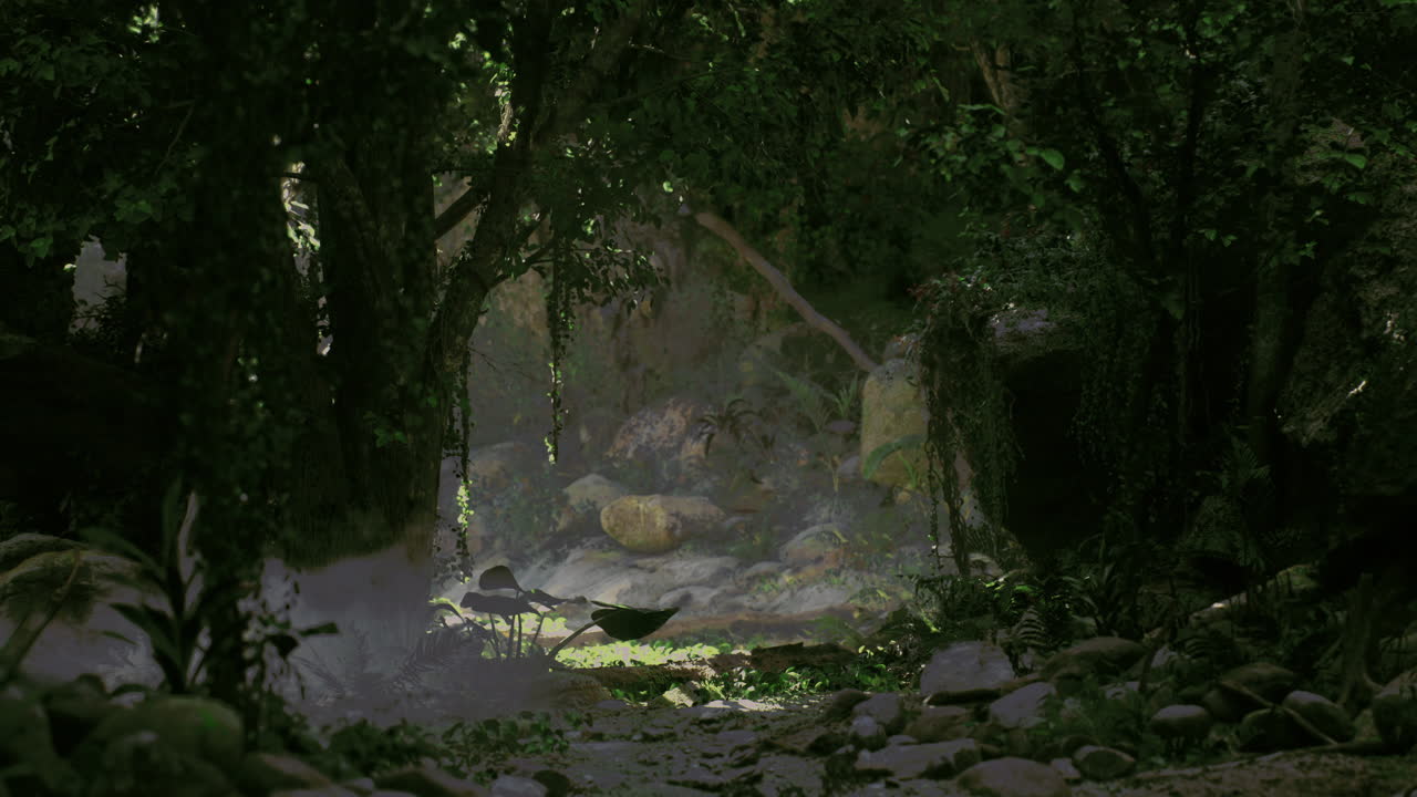 Vibrant jungle landscape with lush greenery and gentle mist during daylight