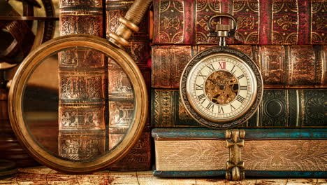 reloj de bolsillo antiguo de época contra el fondo de libros antiguos