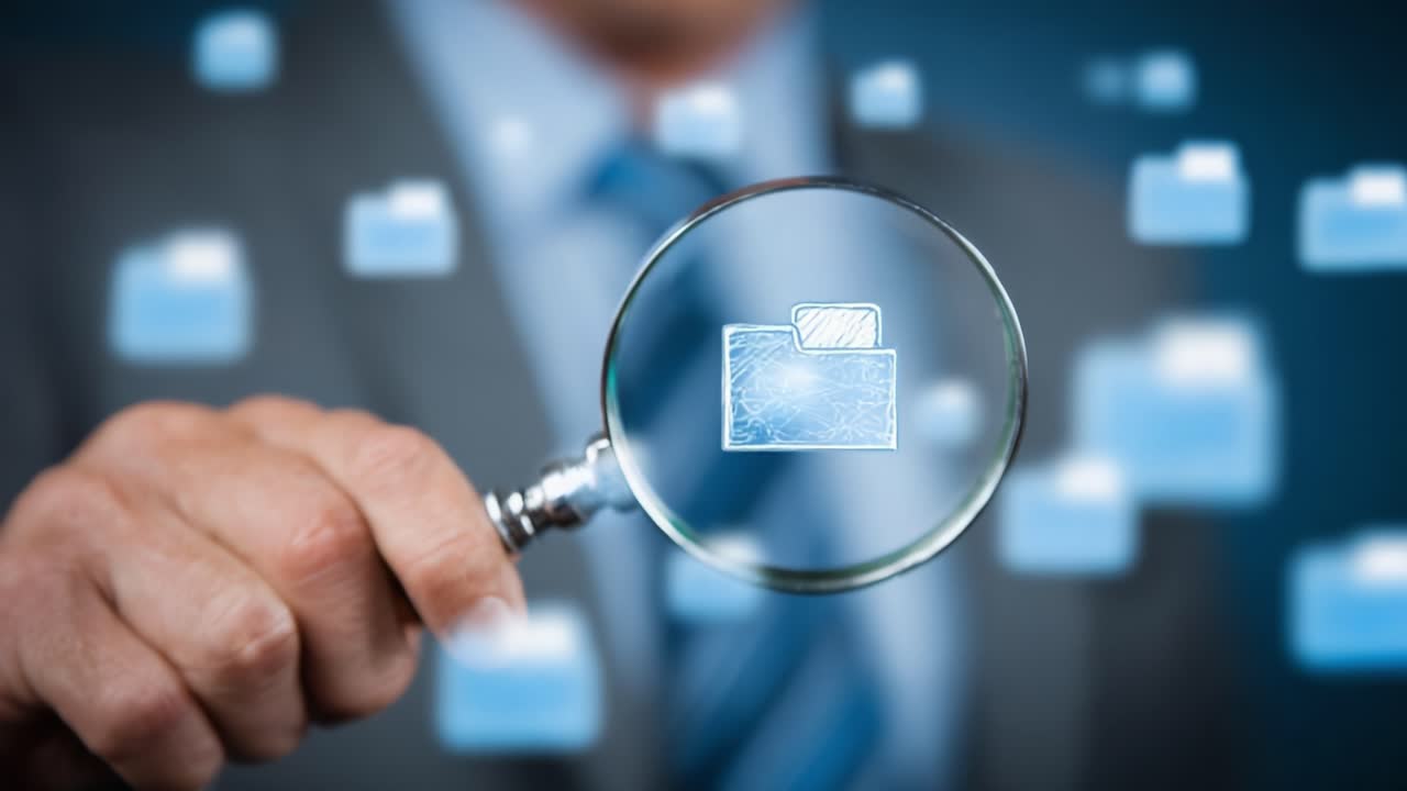 A Professional Looking Through a Magnifying Glass at Digital Folders Symbolizing Data Management and Research Insights in a Corporate Environment