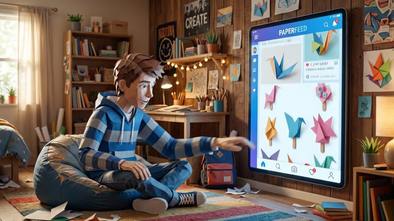 3D Animated Teenager Interacting with Digital Social Media Feed of Origami Art