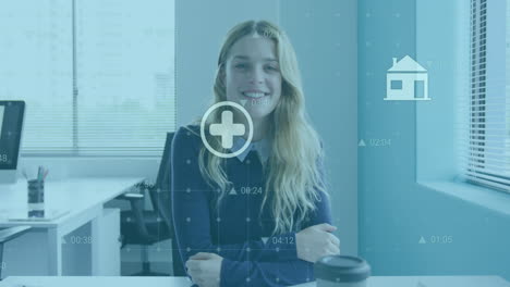 animación del procesamiento de datos financieros sobre una mujer de negocios caucásica en el cargo