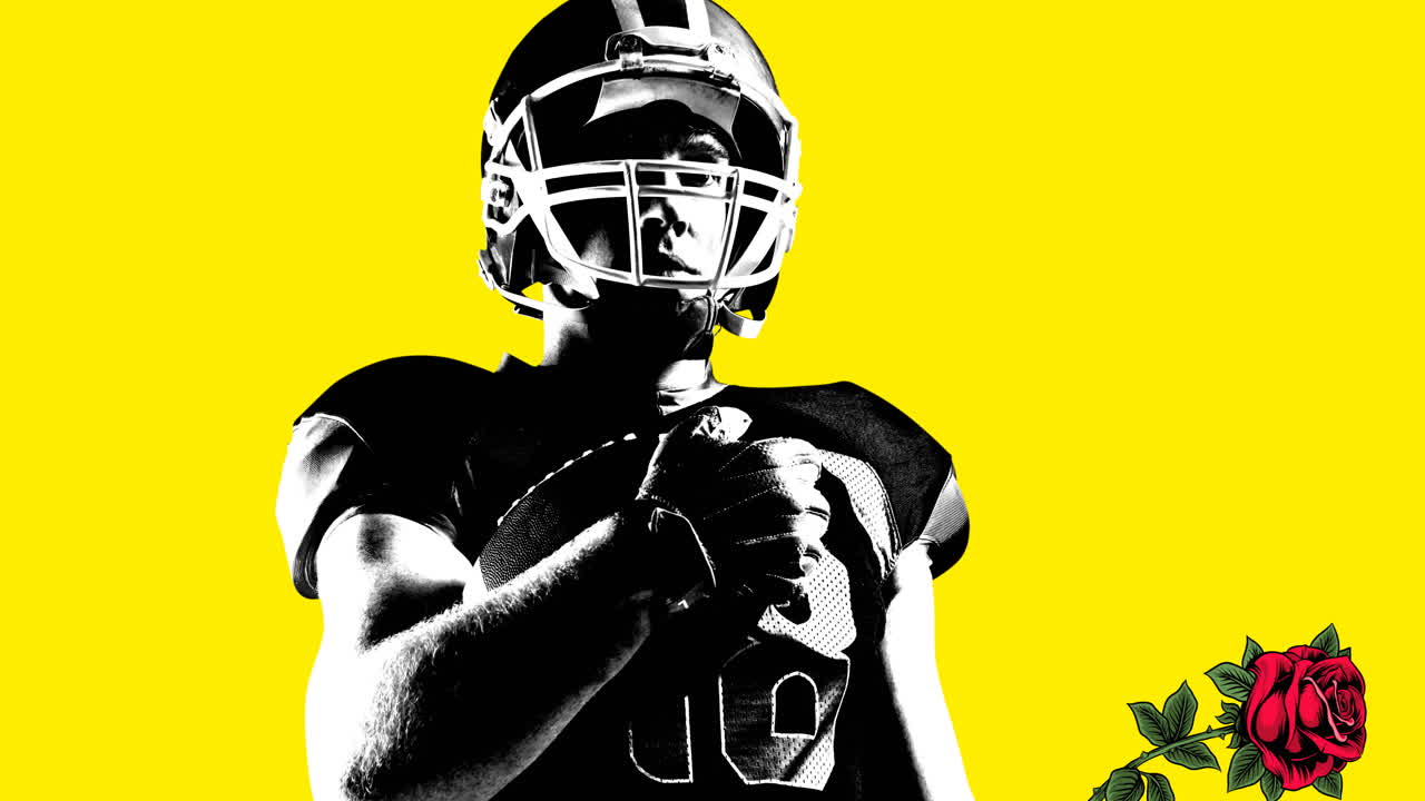 Animazione di rose rosse che cadono su un giocatore di football americano in bianco e nero, su sfondo giallo