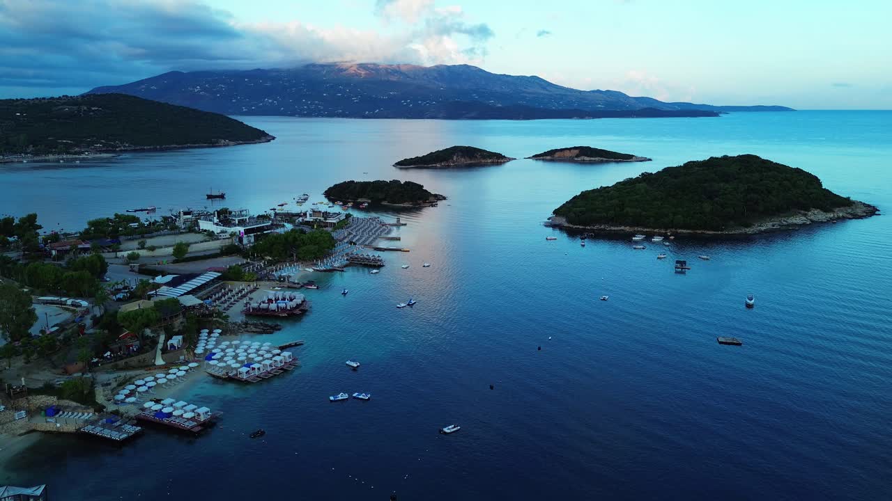 Ksamil islands Albania holiday destination beautiful white sand beach, aerial drone