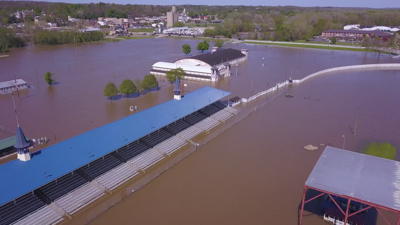 Aerial push-out of flooded race track at Ionia County Fair in Michigan